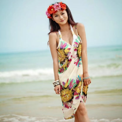 Printed Halter Chiffon Beach Dress Sexy Bikini Wrap Pareo Skirts Women Cover Ups Open Back Swimwear 9