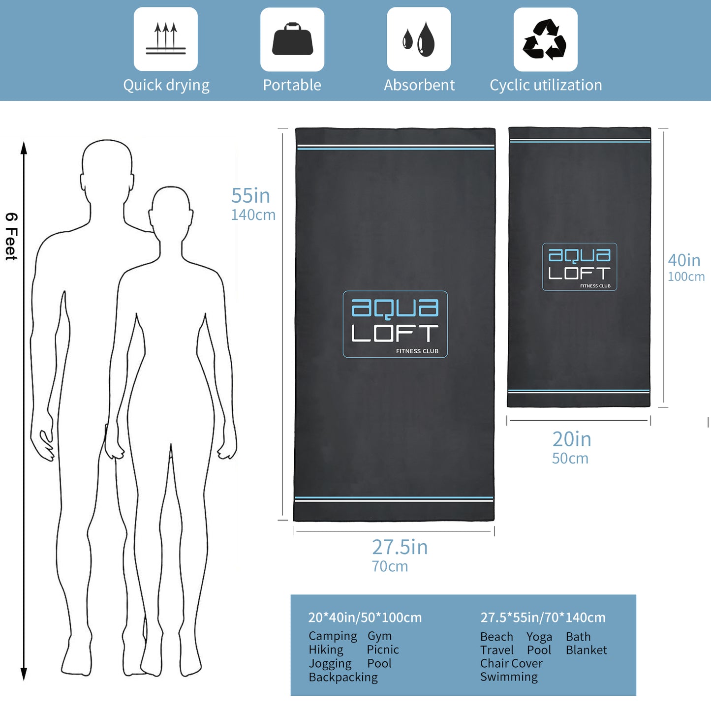 AQUA Microfiber Quick Dry Sports Towel Soft Lightweight Compact Travel Towel For Sweat Ultra Absorb 1