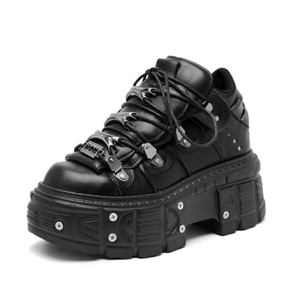 Punk Style Women Ankle Boots, Lace-up Platform Shoes, Black Rock Metal Decor, Gothic Heel Height Sneakers for Women