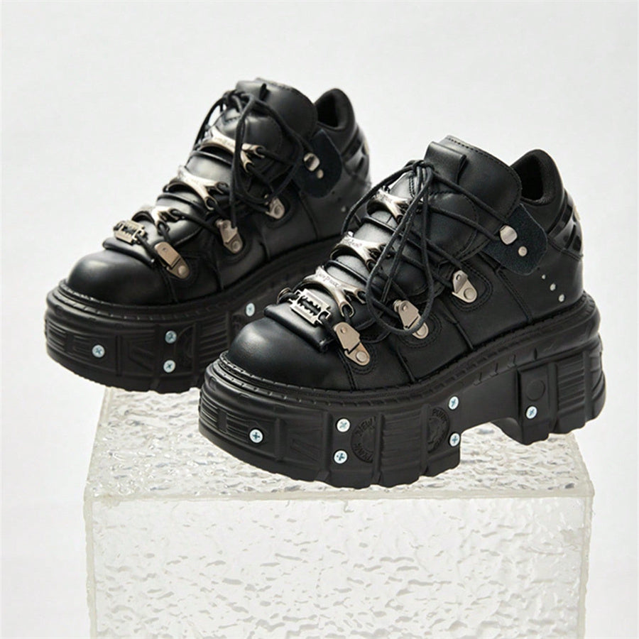 Punk Style Women Ankle Boots, Lace-up Platform Shoes, Black Rock Metal Decor, Gothic Heel Height Sneakers for Women