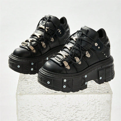 Punk Style Women Ankle Boots, Lace-up Platform Shoes, Black Rock Metal Decor, Gothic Heel Height Sneakers for Women