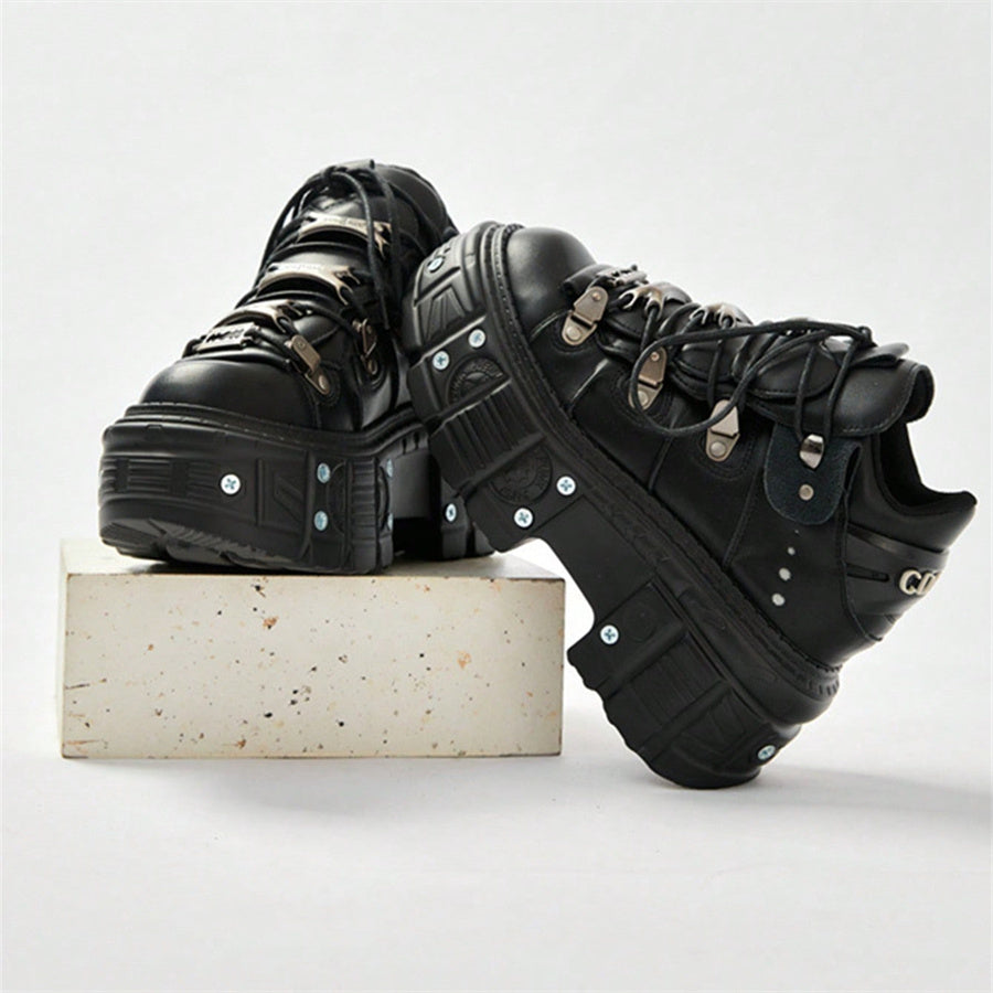 Punk Style Women Ankle Boots, Lace-up Platform Shoes, Black Rock Metal Decor, Gothic Heel Height Sneakers for Women
