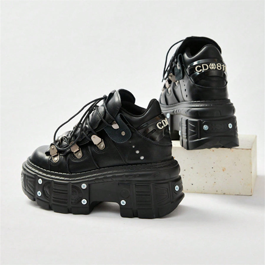 Punk Style Women Ankle Boots, Lace-up Platform Shoes, Black Rock Metal Decor, Gothic Heel Height Sneakers for Women