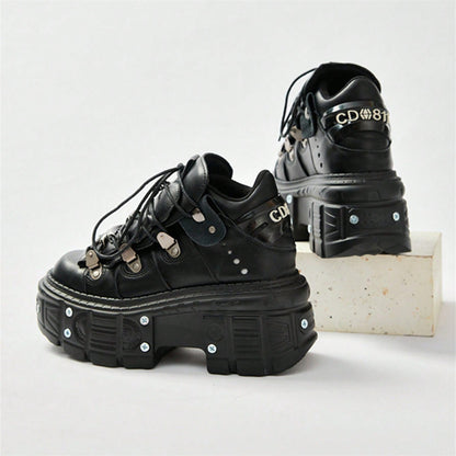 Punk Style Women Ankle Boots, Lace-up Platform Shoes, Black Rock Metal Decor, Gothic Heel Height Sneakers for Women