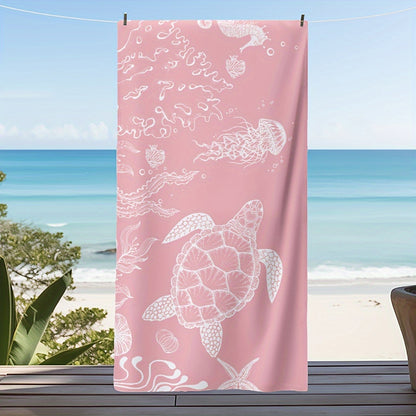 Pink Cartoon Turtle and Jellyfish Beach Towel, Polyester Fabric, Rectangular Design for Summer Travel, Turtle Decoration