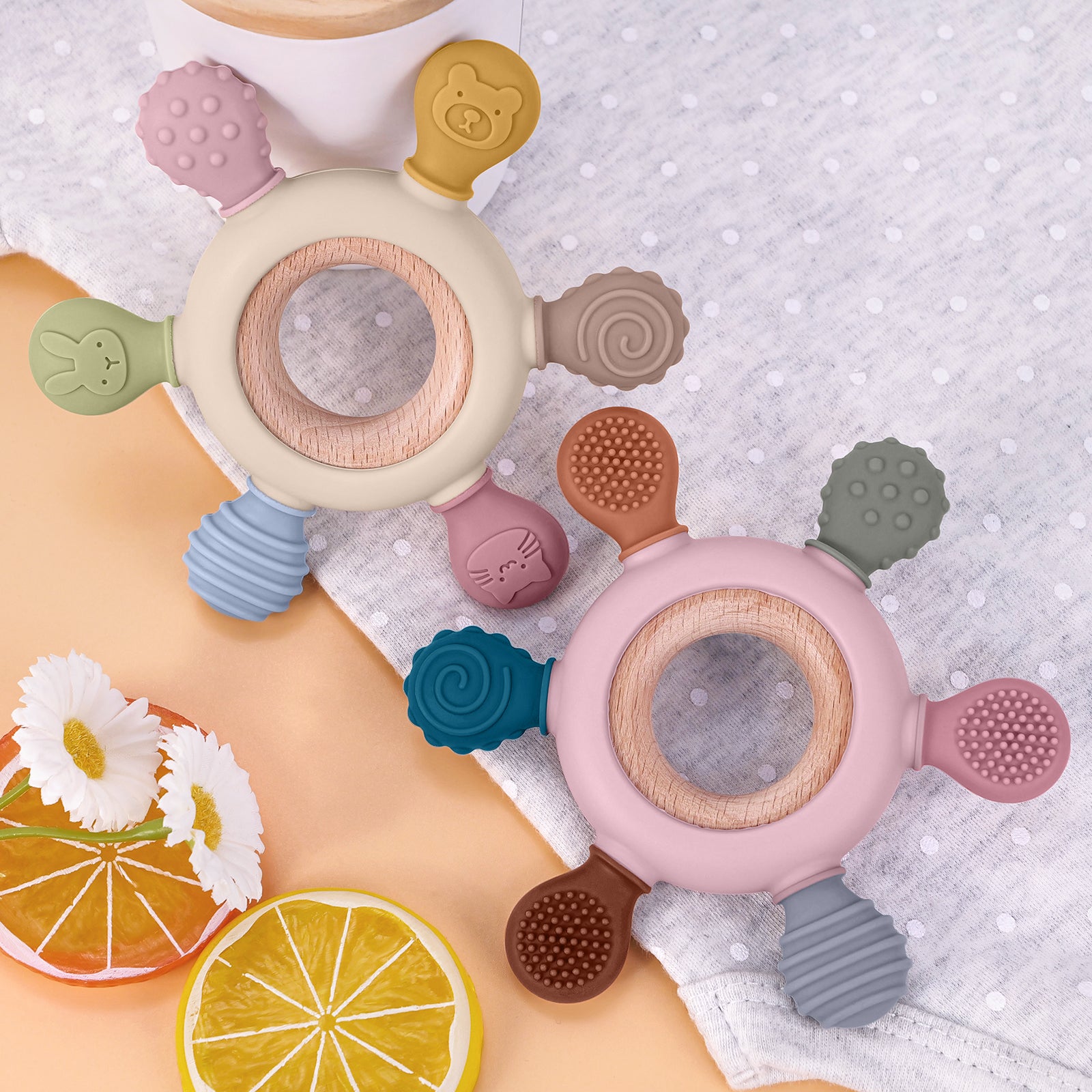Newborn Silicone Teething Toy, Baby Food Grade Teether with Wooden Ring, Nursing Teething Gift for Newborns