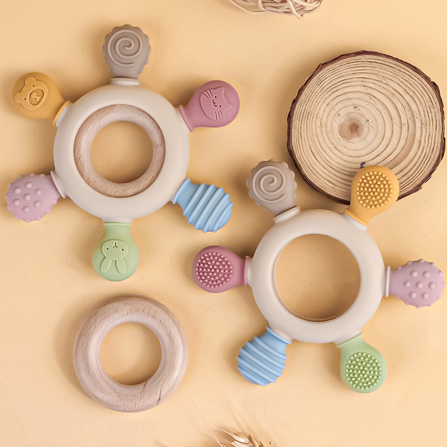 Newborn Silicone Teething Toy, Baby Food Grade Teether with Wooden Ring, Nursing Teething Gift for Newborns