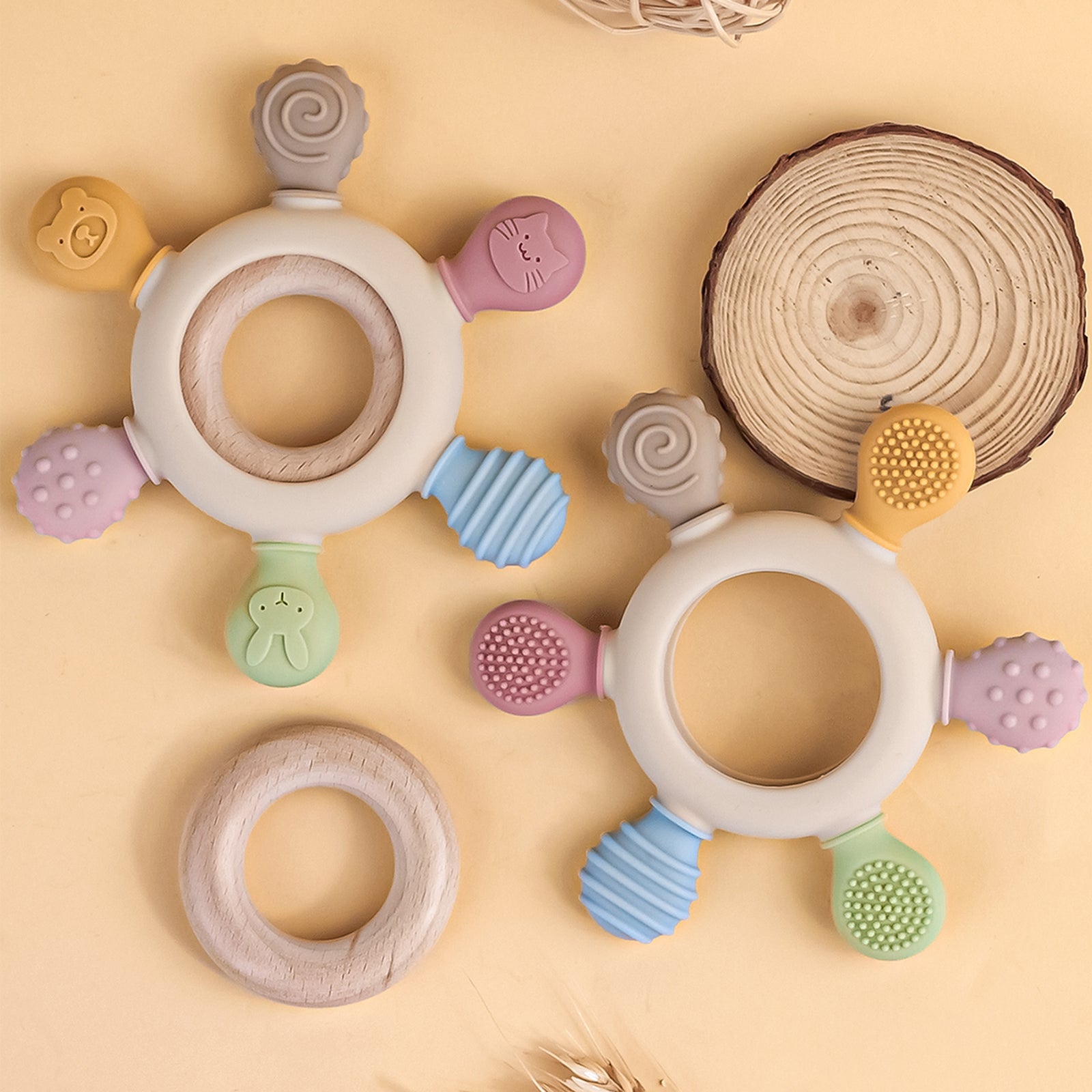 Newborn Silicone Teething Toy, Baby Food Grade Teether with Wooden Ring, Nursing Teething Gift for Newborns