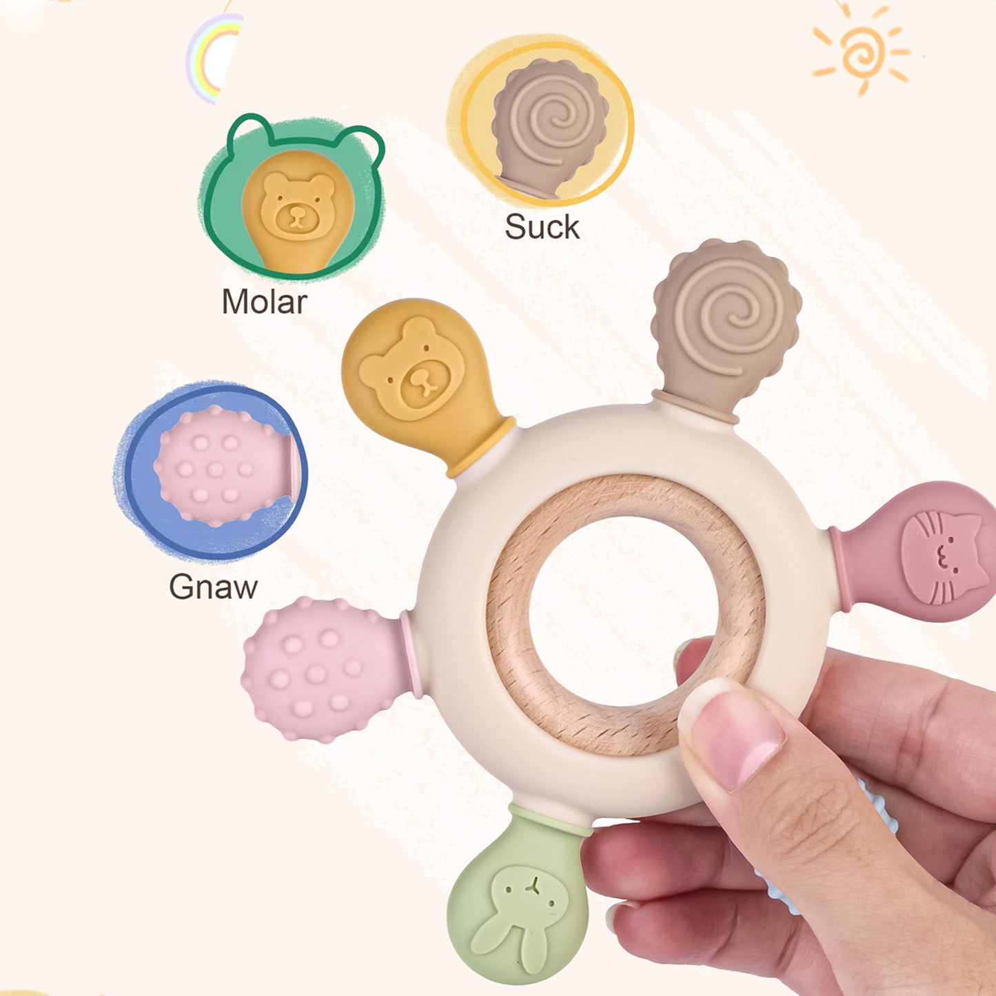 Newborn Silicone Teething Toy, Baby Food Grade Teether with Wooden Ring, Nursing Teething Gift for Newborns