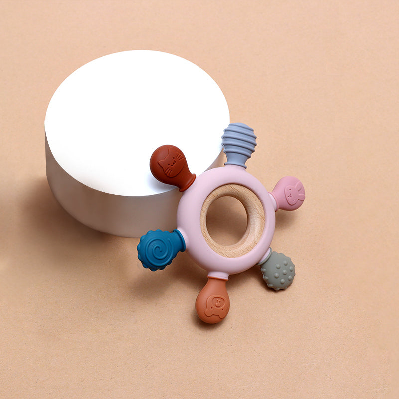 Newborn Silicone Teething Toy, Baby Food Grade Teether with Wooden Ring, Nursing Teething Gift for Newborns