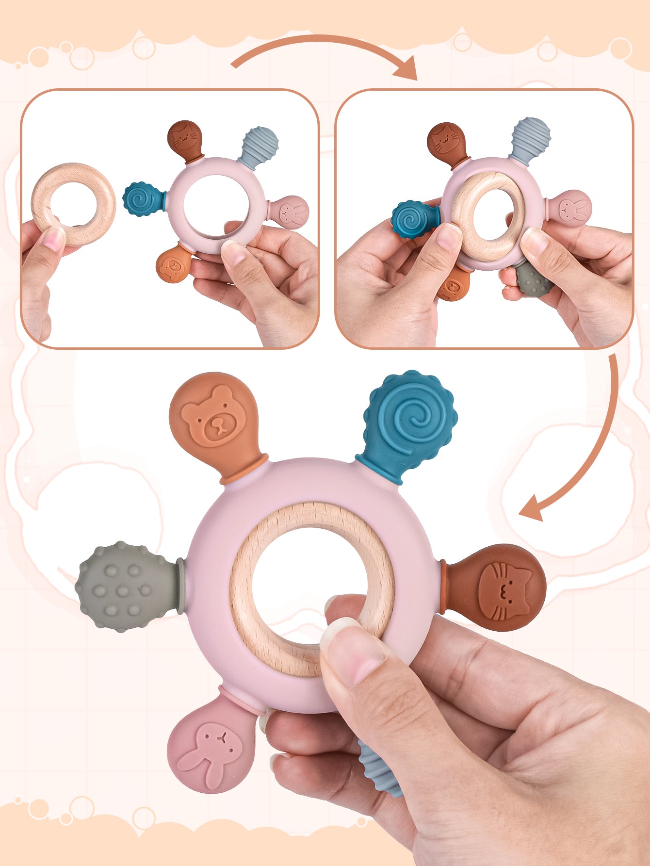 Newborn Silicone Teething Toy, Baby Food Grade Teether with Wooden Ring, Nursing Teething Gift for Newborns