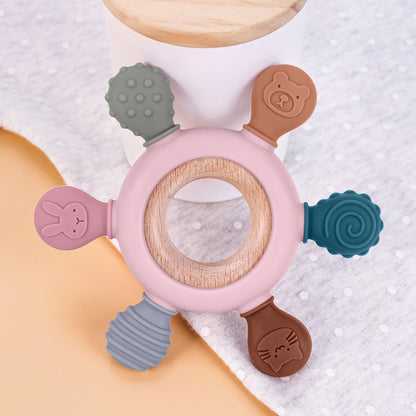 Newborn Silicone Teething Toy, Baby Food Grade Teether with Wooden Ring, Nursing Teething Gift for Newborns