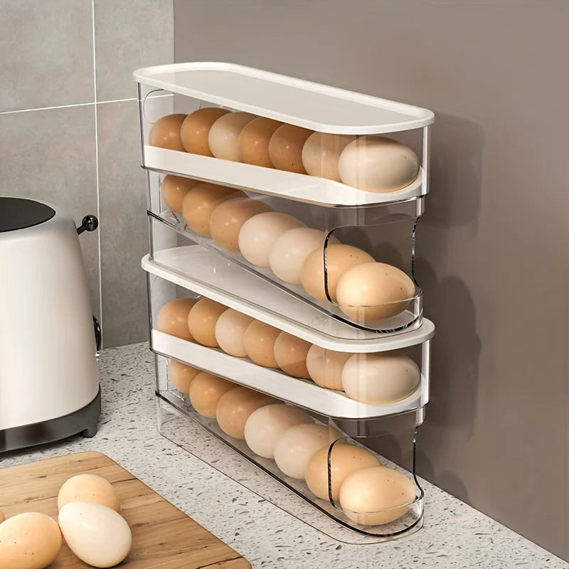 Double Layers Refrigerator Egg Storage Box, Large Capacity, Automatic Scrolling Holder for House hold Use