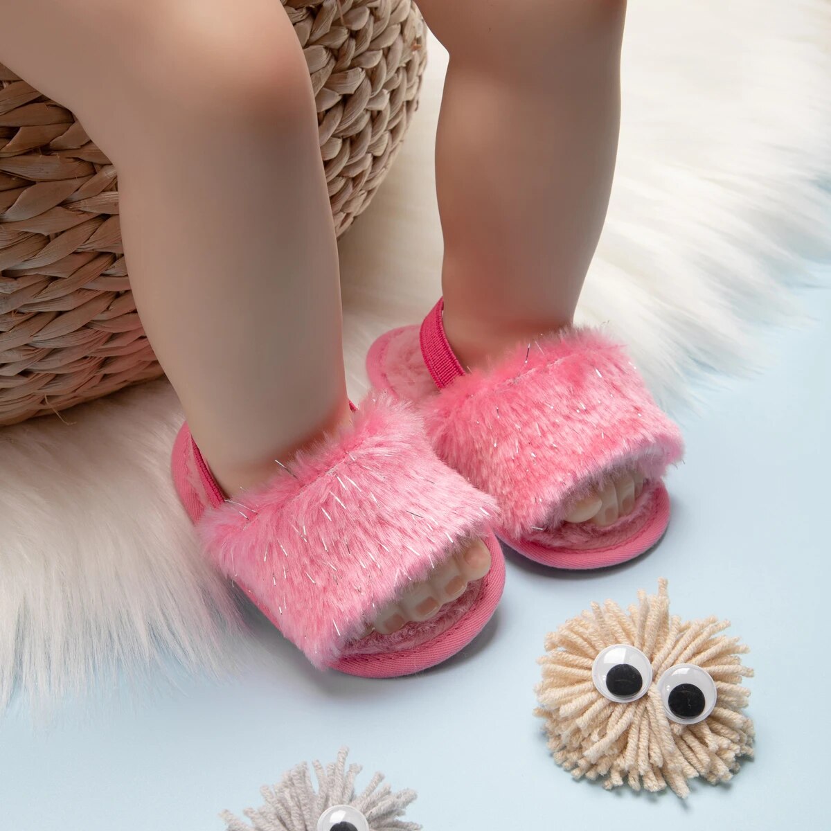 Soft Cotton Meckior Baby Sandals for Boys Girls, Fluffy Anti-Slip Shoes, First Walkers Toddler Slippers Indoor