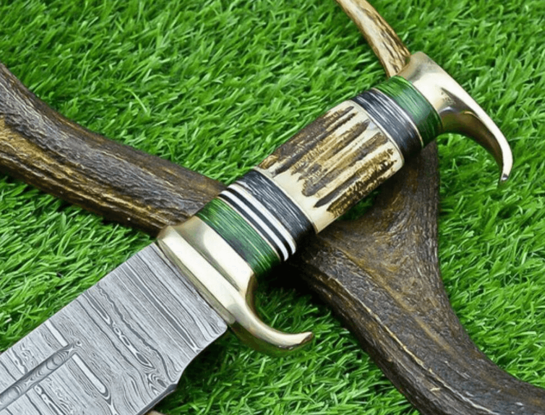 Damascus Steel Handmade Survival Knife  Stag Antler Handle  Full Tang Bowie With Premium Leather Sh 1