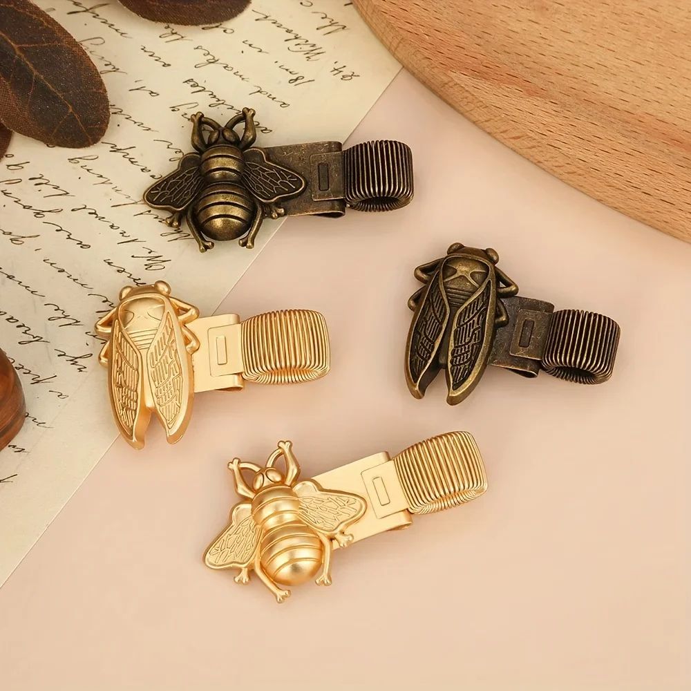 Vintage InsectThemed Metal Spring Pen Clip  Gold Bee  Cicada Notebook Holder 3
