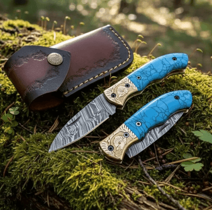 Custom Damascus Folding Knife Set | Blue Turquoise Handle + Brass Engraved Bolsters | 7.5" Liner Lock Pocket Knife w/ Le