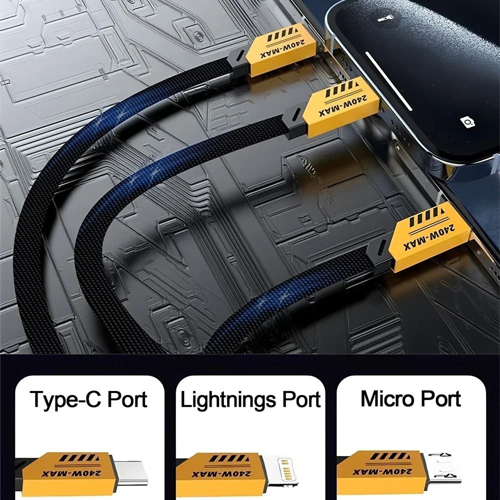 240W Nylon Braided Fast Charging Cable With 3in1 Multiport Connectors 1
