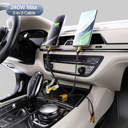 240W Nylon Braided Fast Charging Cable With 3in1 Multiport Connectors 2