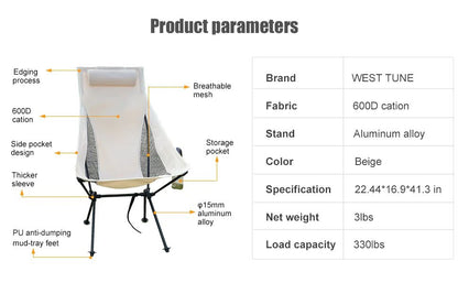 Westtune Portable Folding Camping Chair With Headrest Lightweight Outdoor Chair 9