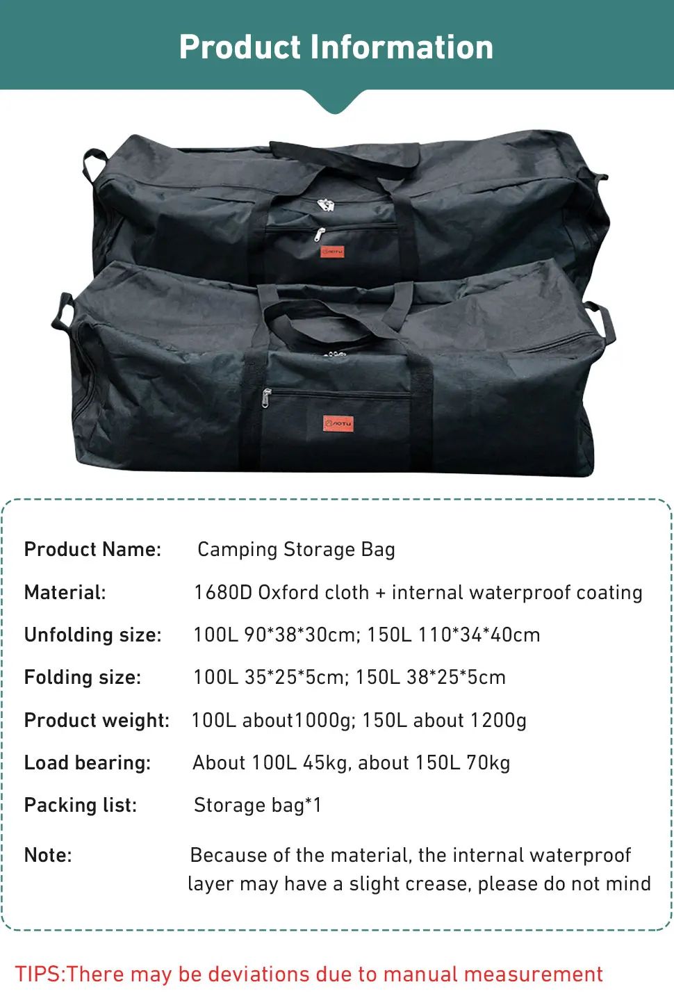 Westtune 100L Camping Tools Storage Bag Folding Large Capacity Travel Gear Organizer 7