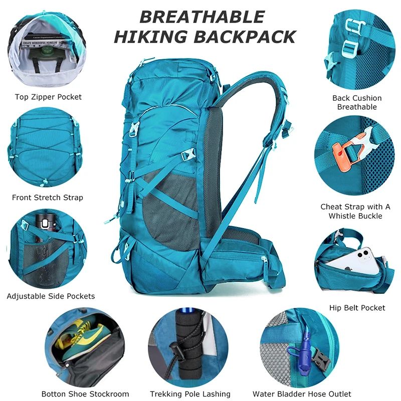 WESTTUNE 50L Hiking Backpack With Rain Cover Multifunctional Outdoor Rucksack 3