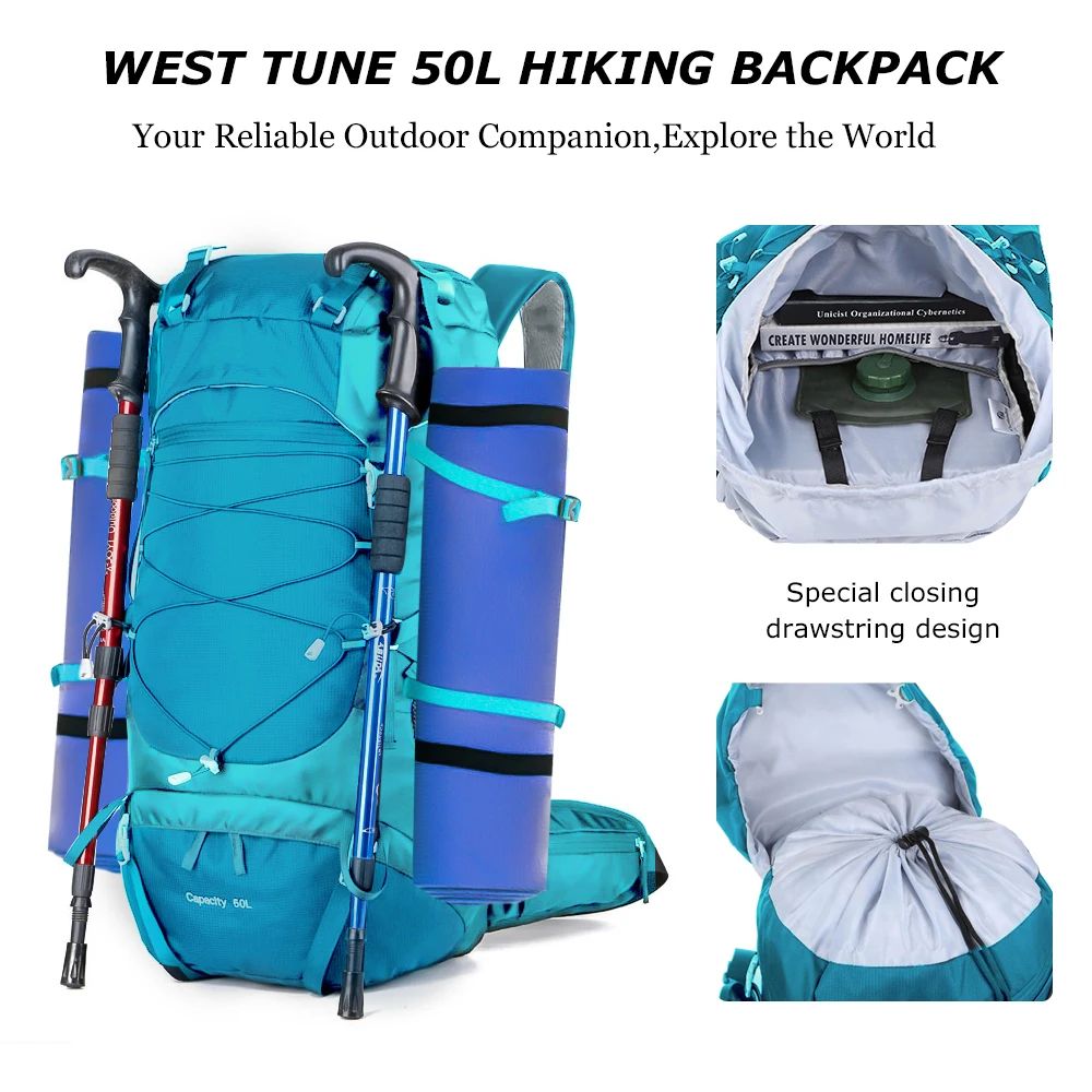 WESTTUNE 50L Hiking Backpack With Rain Cover Multifunctional Outdoor Rucksack 4