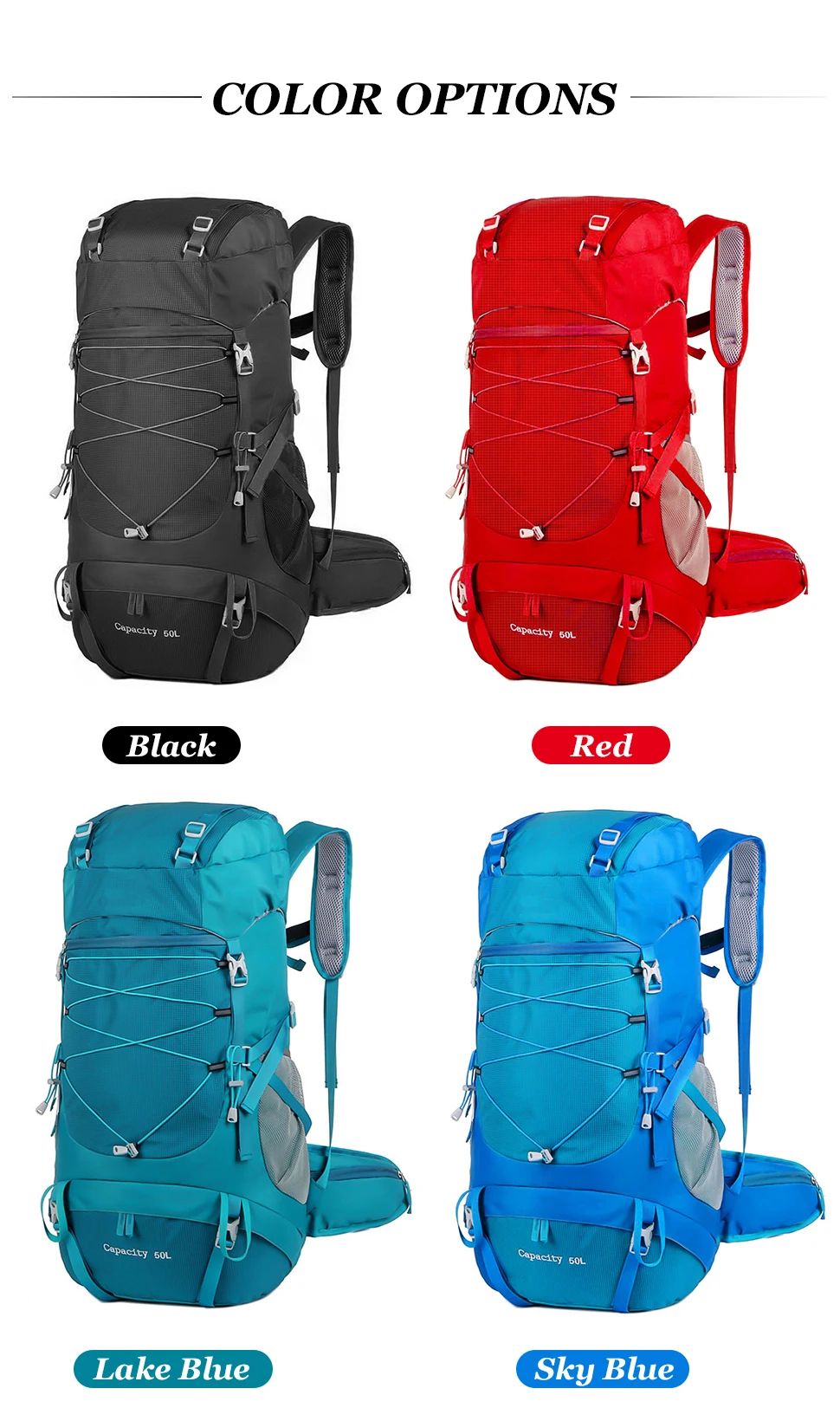 WESTTUNE 50L Hiking Backpack With Rain Cover Multifunctional Outdoor Rucksack 6