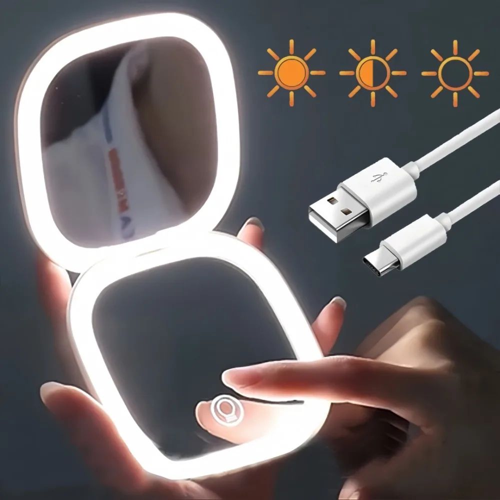 Portable LED Makeup Mirror – Double-Sided, Adjustable Color, 3x Magnification, USB Charging