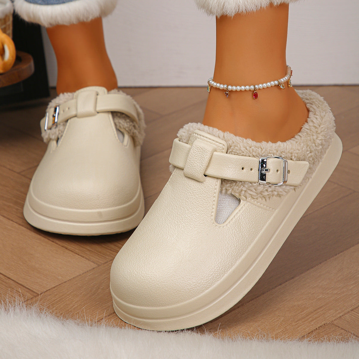 Women Waterproof Eva Furry Mules Slippers Winter Plush Non Slip Indoor Slides Metal Buckle Soft Thick Bottom