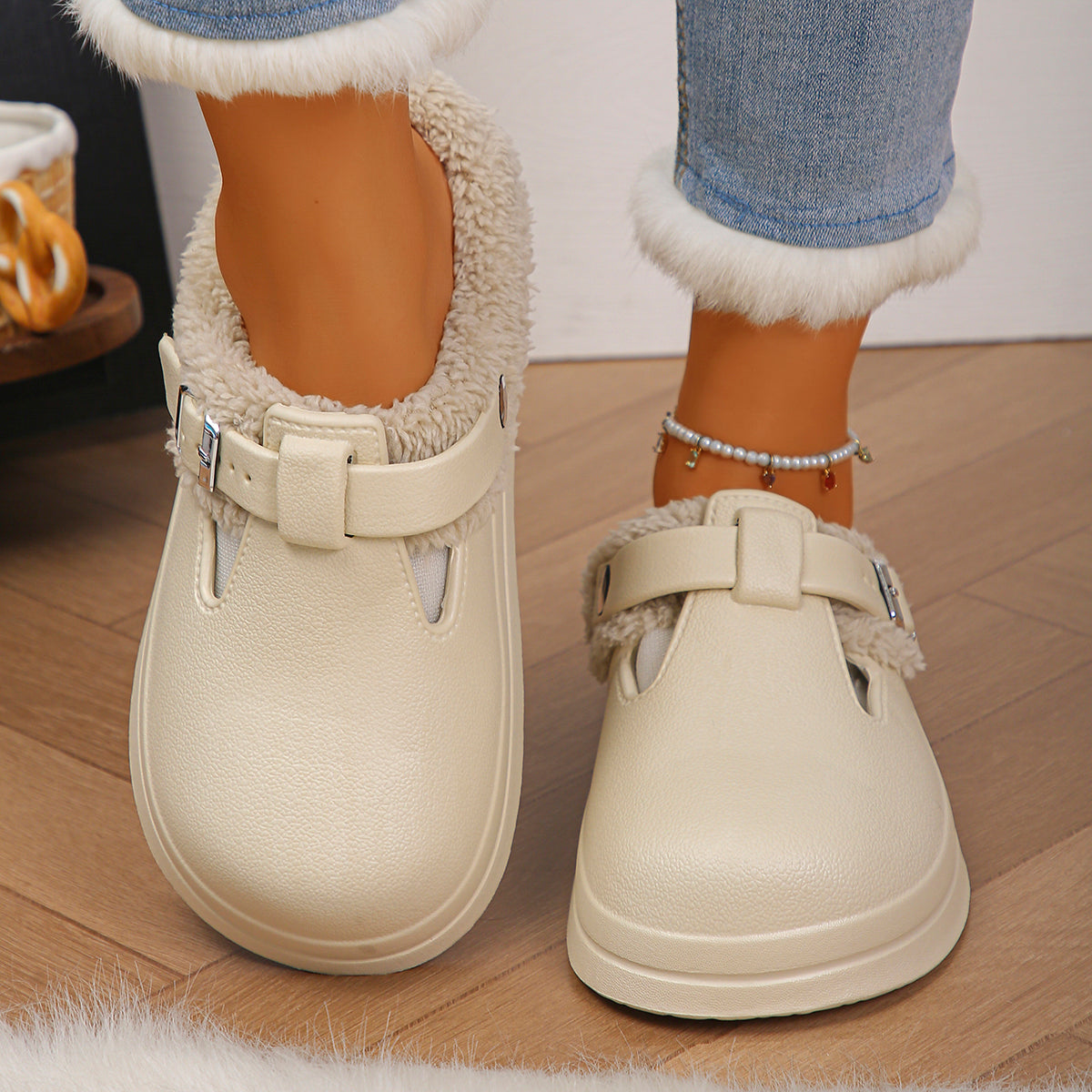 Women Waterproof Eva Furry Mules Slippers Winter Plush Non Slip Indoor Slides Metal Buckle Soft Thi 3