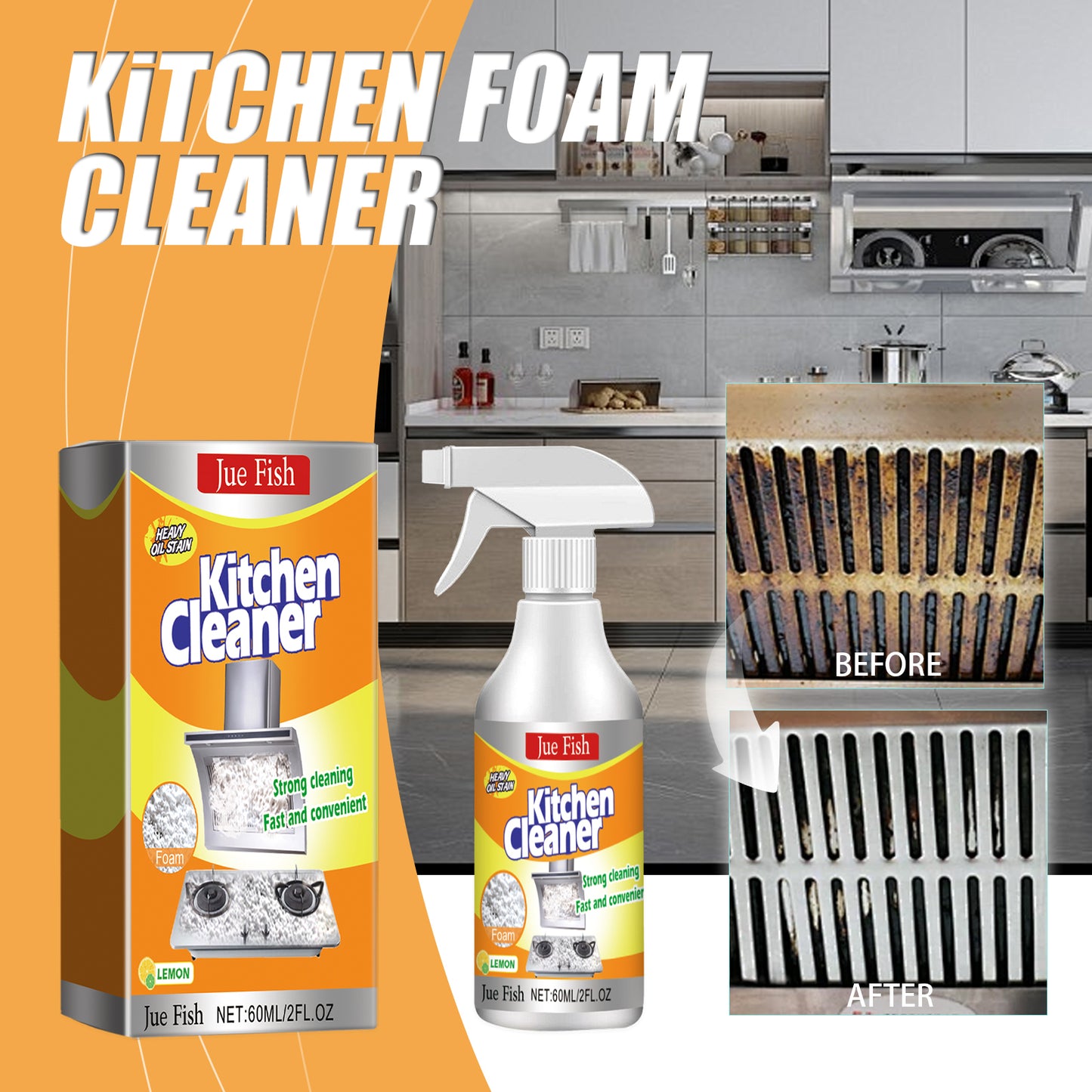 Heavy Oil Foam Cleaner for Kitchen Grills, Ovens, Range Hood and Stains Remover
