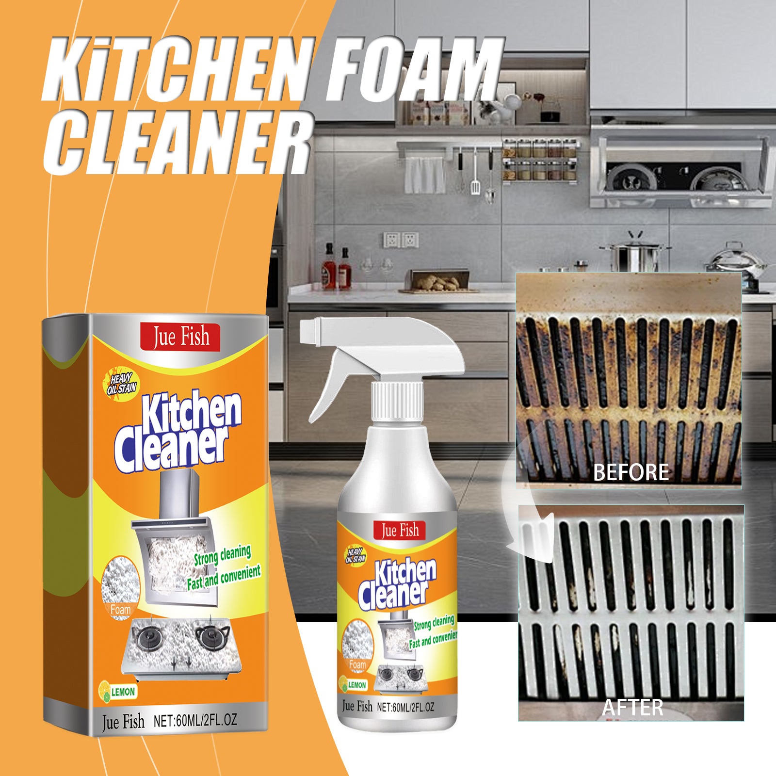 Heavy Oil Foam Cleaner for Kitchen Grills, Ovens, Range Hood and Stains Remover