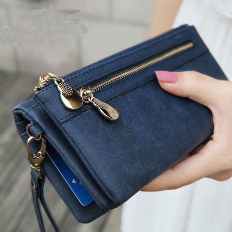 Multi-Pocket Women's Leather Wallet Double Zipper Clutch Phone Coin Card Holder Wristlet