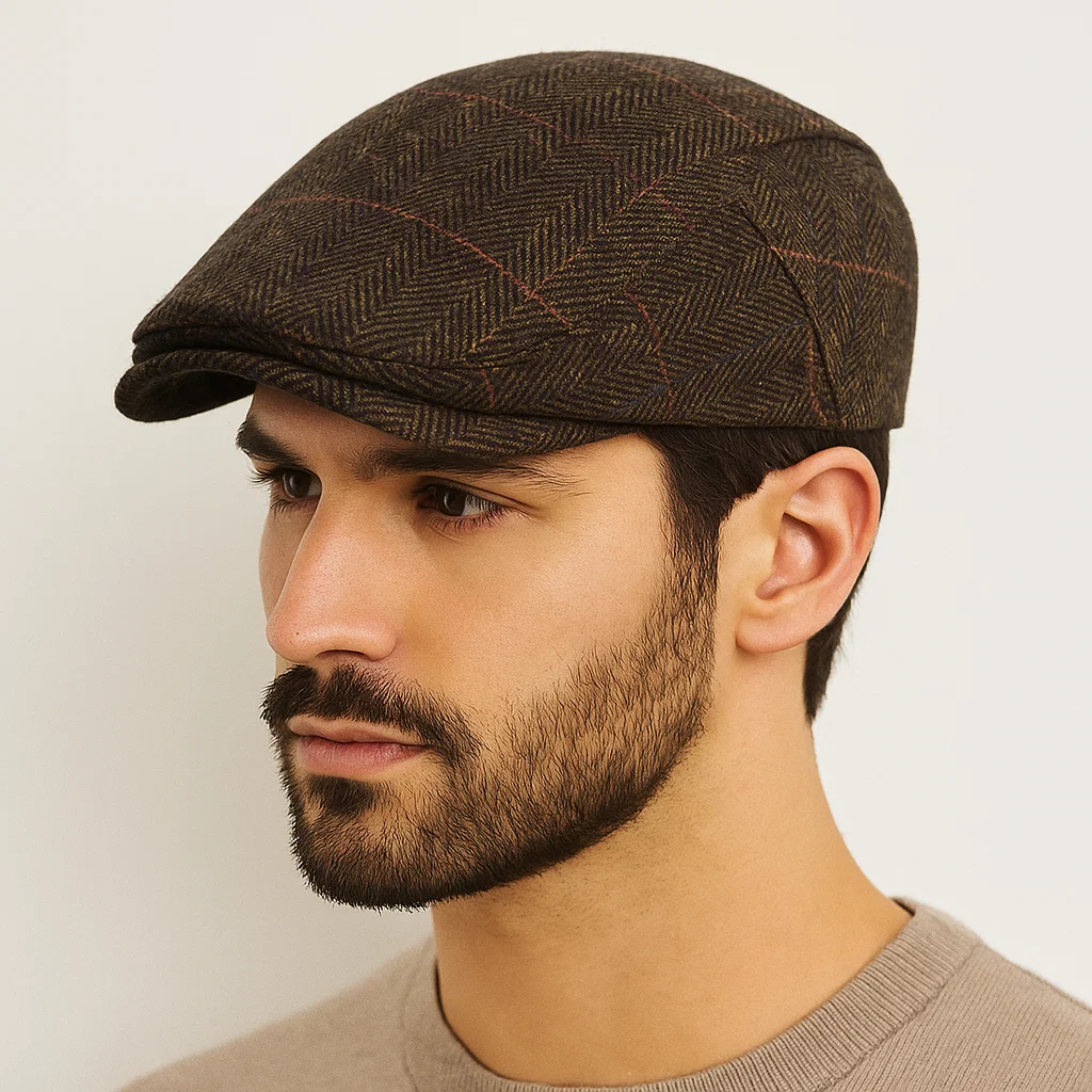 Vintage Newsboy Cap Men Winter Thick Warm Casual Stripe Berets Adjustable Flat Peaked Hat