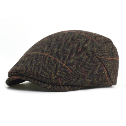 Vintage Newsboy Cap Men Winter Thick Warm Casual Stripe Berets Adjustable Flat Peaked Hat 2