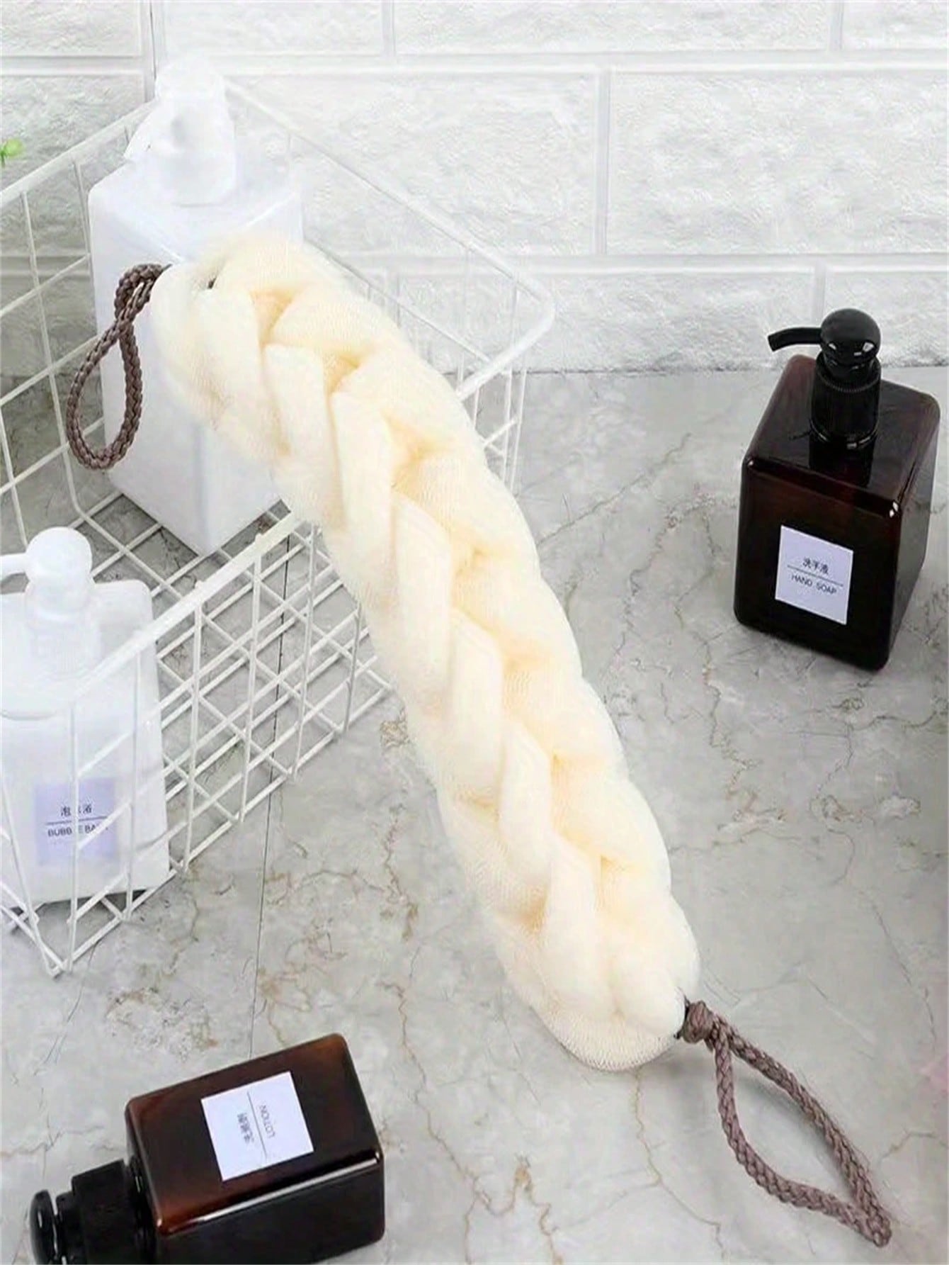 Braided Mesh Back Scrubber with Rope Handle, Long-Reach Exfoliating Body Sponge for Shower and Skin Care