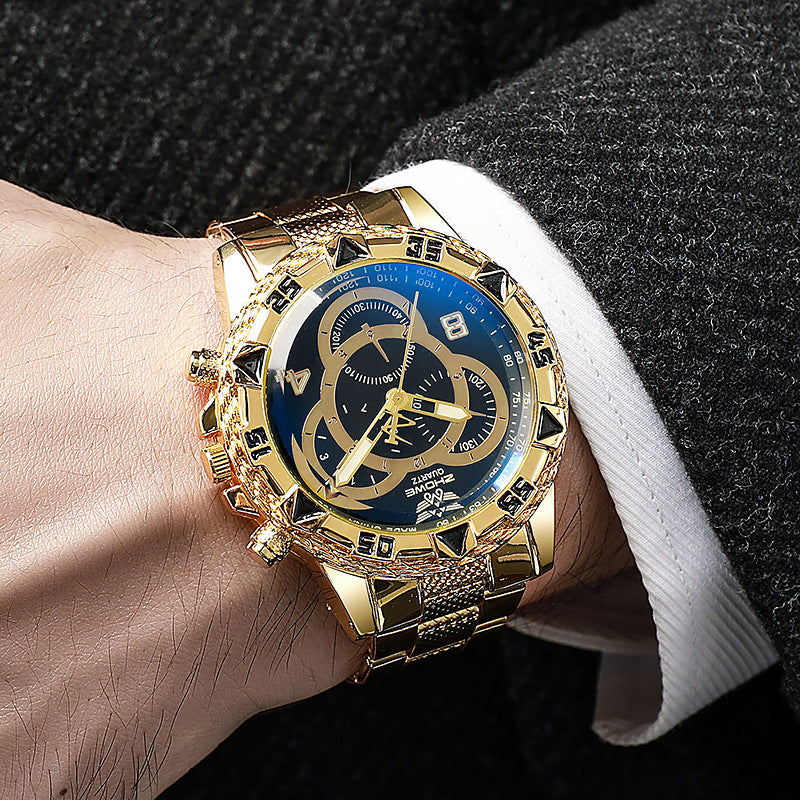 Men's Quartz Watch Classic Business Wristwatch Luxury Alloy Steel Strip Blue Light Large Dial Three Eye