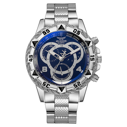 Mens Quartz Watch Classic Business Wristwatch Luxury Alloy Steel Strip Blue Light Large Dial Three  1