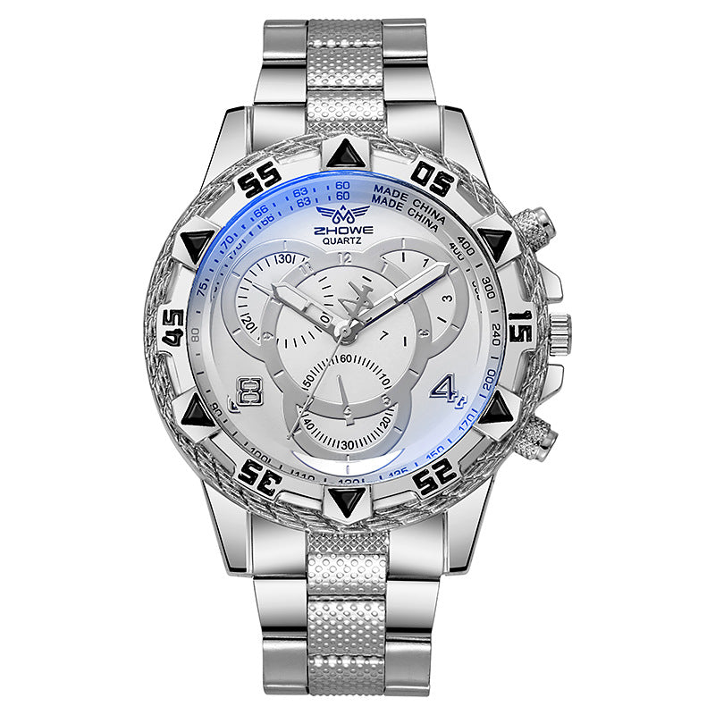 Mens Quartz Watch Classic Business Wristwatch Luxury Alloy Steel Strip Blue Light Large Dial Three  2