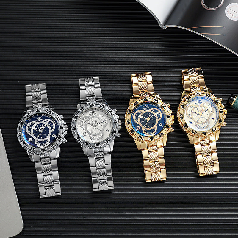 Mens Quartz Watch Classic Business Wristwatch Luxury Alloy Steel Strip Blue Light Large Dial Three  5