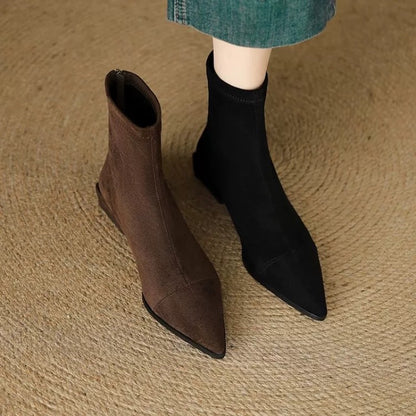 Winter Fashion Pointedtoe Plussize Womens Boots With Zippers Slim Lowheeled Nude Short Boots 1