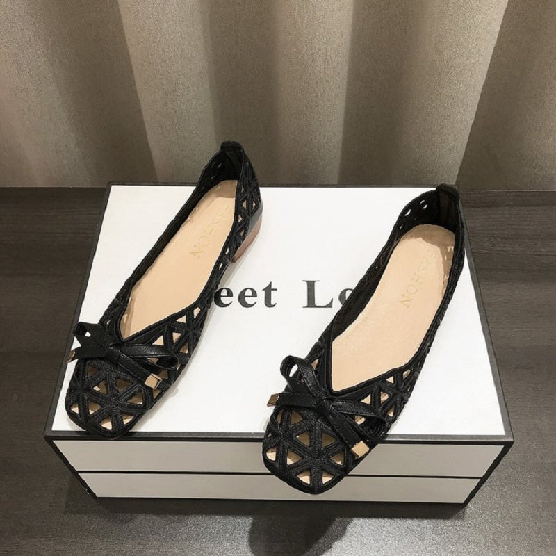 Women French Style Bow Flat Sandals Geometric CutOut PeepToe Beige Summer Shoes For Dresses 4