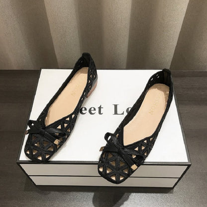 Women French Style Bow Flat Sandals Geometric CutOut PeepToe Beige Summer Shoes For Dresses 4