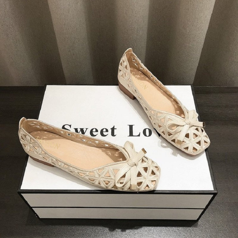 Women French Style Bow Flat Sandals Geometric CutOut PeepToe Beige Summer Shoes For Dresses 5
