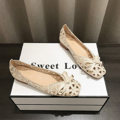 Women French Style Bow Flat Sandals Geometric CutOut PeepToe Beige Summer Shoes For Dresses 5