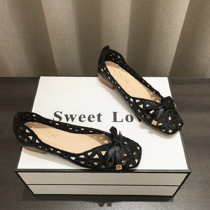 Women French Style Bow Flat Sandals Geometric CutOut PeepToe Beige Summer Shoes For Dresses 6