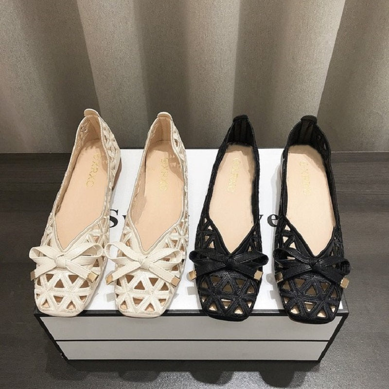 Women French Style Bow Flat Sandals Geometric CutOut PeepToe Beige Summer Shoes For Dresses 1