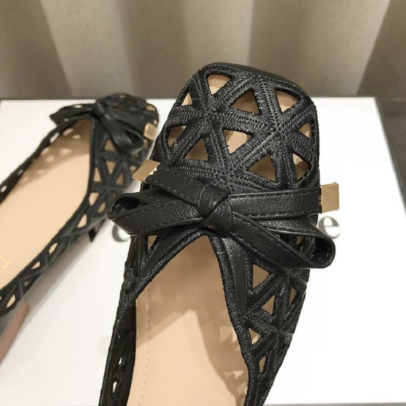 Women French Style Bow Flat Sandals Geometric CutOut PeepToe Beige Summer Shoes For Dresses 3
