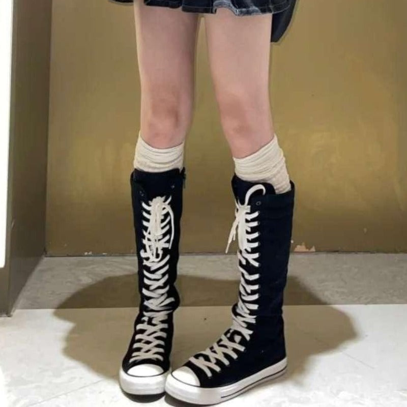 Womens High Top Canvas Shoes Korean Edition LaceUp Long Boot Comfortable Zipper Boots 1